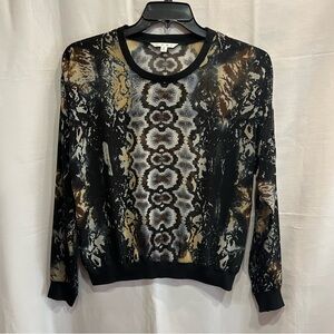 CAbi Snake Print Sheer Long Sleeve Pull Over Black Tan Scoop Neck Size Medium